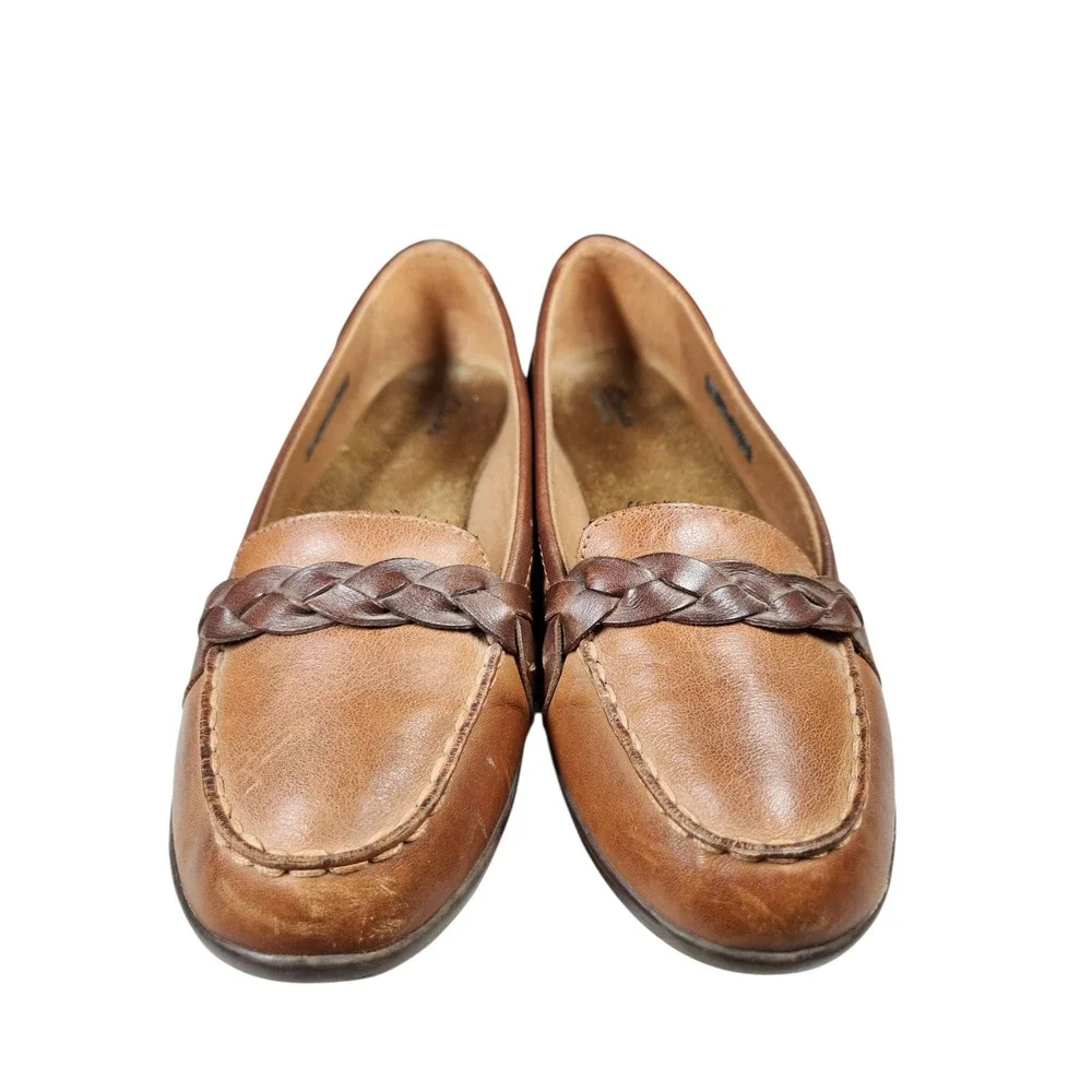 Vintage Clarks Brown Leather Braided Loafers Heritage Grandmacore Cottagecore 8